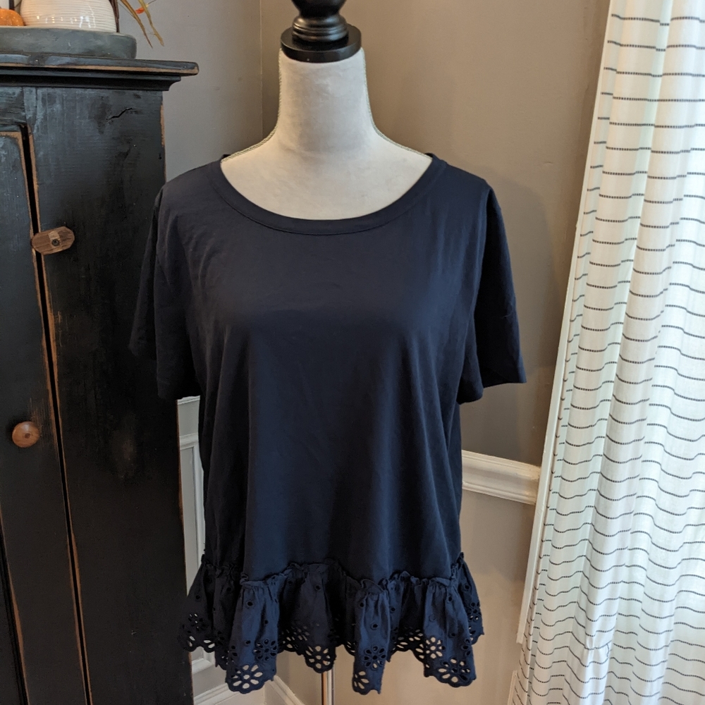 J. Crew Navy Eyelet Hem Short Sleeve Top